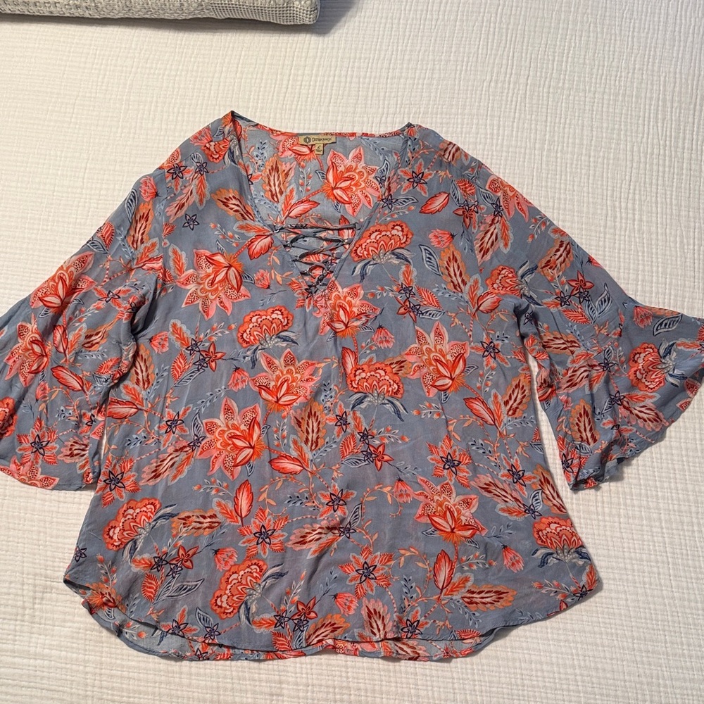 Democracy Red and Gray Floral Blouse